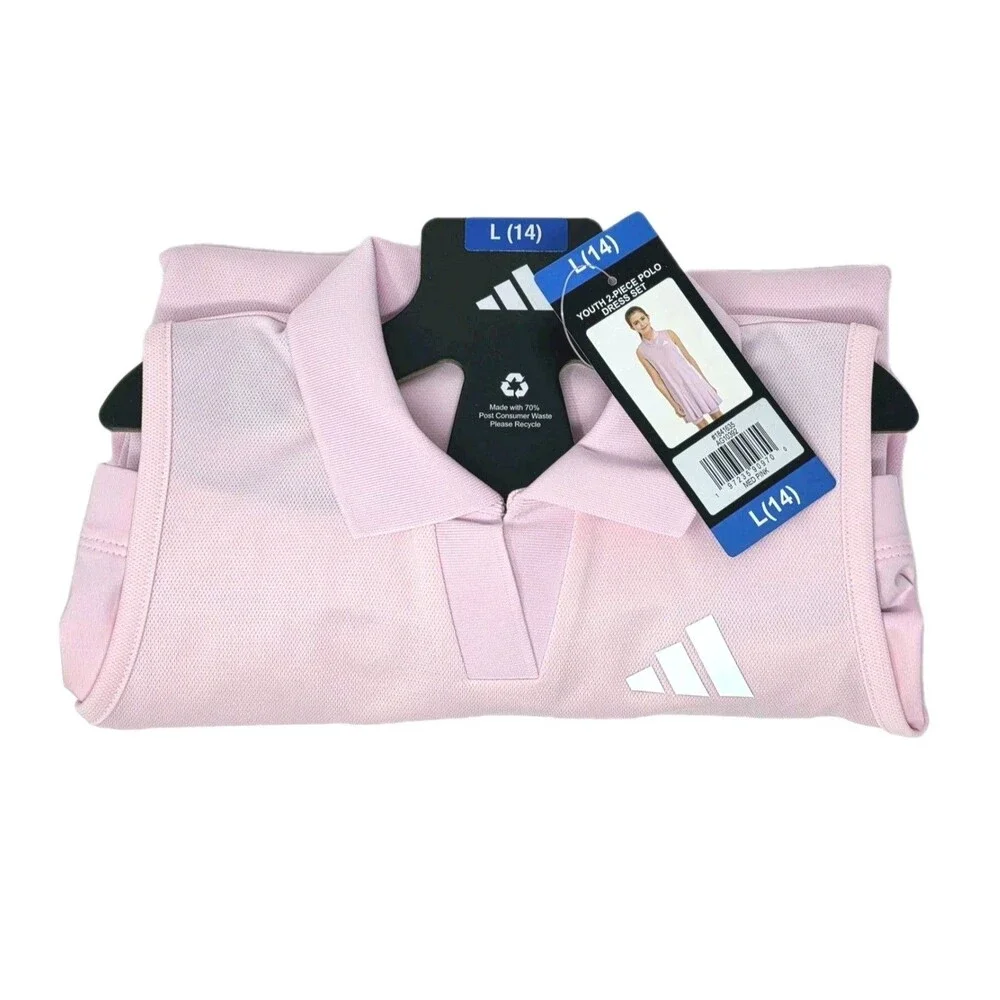 adidas Youth 3-stripe Polo Dress + Bike Shorts 2-pc Set Pink Size L (14) NWT